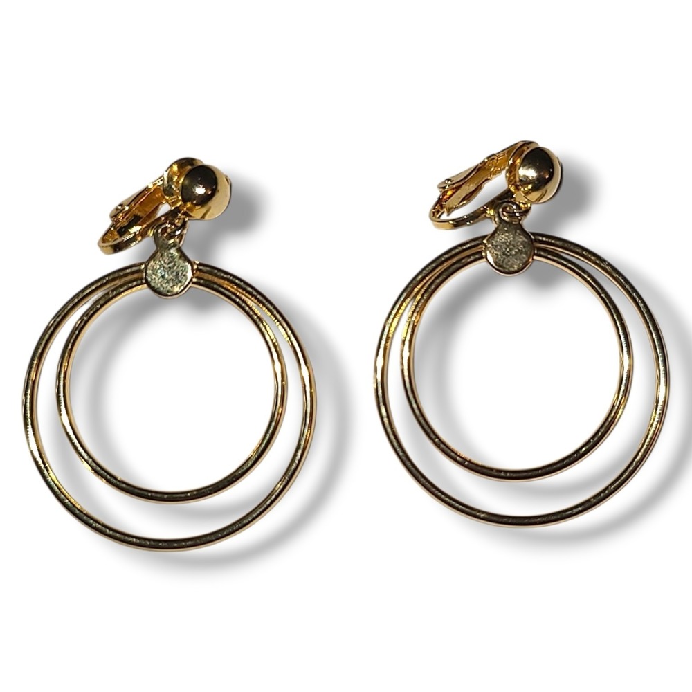 Vintage Gold Tone Ring Hoop Dangle Clip-on Earrings
